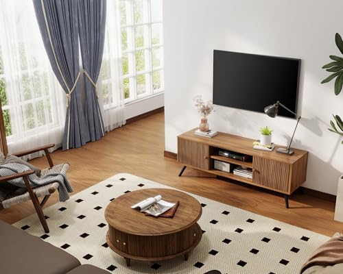 GTPLAYER Cocoa TV Stand for Living Room 55/60/65 Inch TVs Retro Brown Entertainment Center with Fluted Doors & Adjustable Shelves