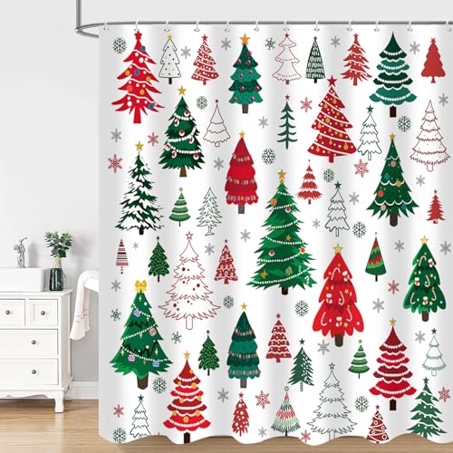 Christmas Shower Curtain Set with Snowman and Tree Design - Red Green White, 72x72 inches