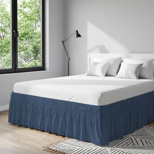 Dark Blue Queen Size Bed Skirt 16-Inch Drop Elastic Dust Ruffle Wrap Around