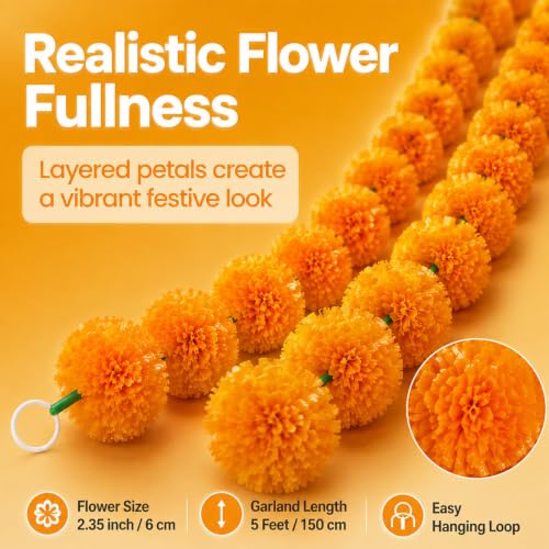 7Pcs Artificial Marigold Garland 5 Feet for Diwali Decor Home & Event