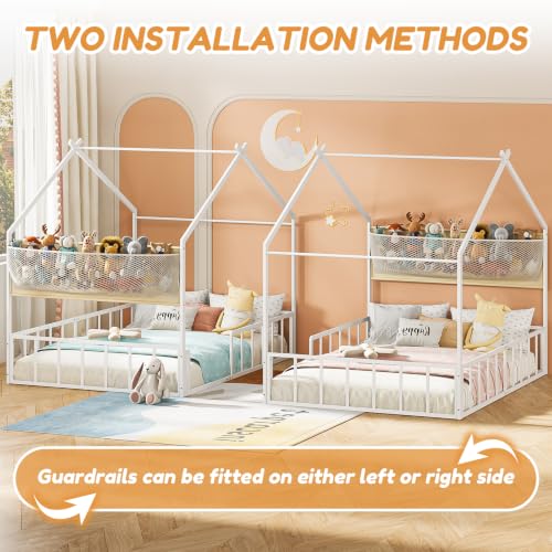 Timy Metal House Bed Frame Full Kids Floor Bed with Plushie Storage Net - White