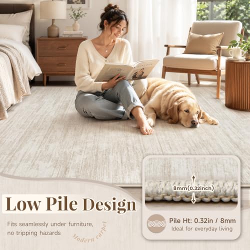 Beige 8x10 Washable Modern Abstract Rug Non-Slip Indoor Carpet for Living Room