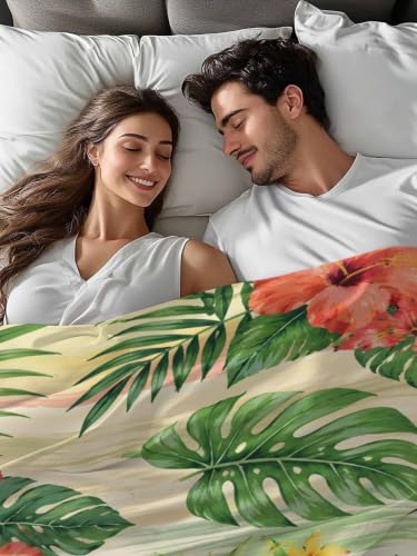 King Size Flat Sheet Only Summer Pineapple Flower Leaves Bed Top Sheet Microfiber Breathable Bedding - Lime, Coral