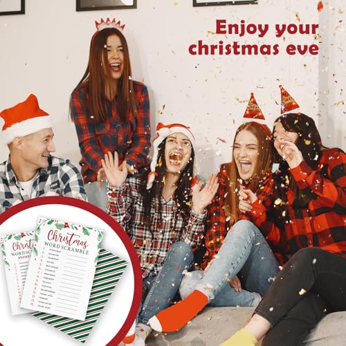 Christmas Word Scramble Party Game Cards - 30 Pack Green Leaf Design, 5x7 Inches