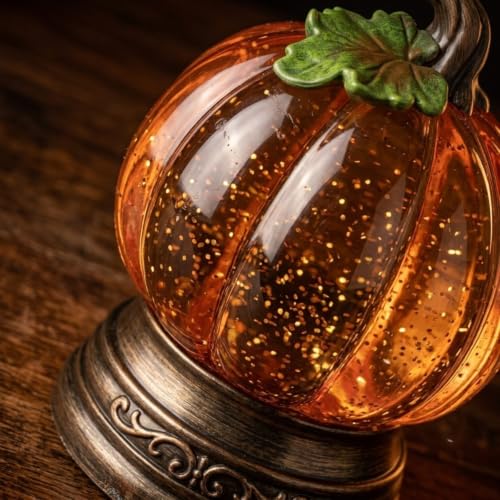 Lighted Pumpkin Snow Globe - Fall Halloween Tabletop Decor, Acrylic, Yellow, 3-Pack