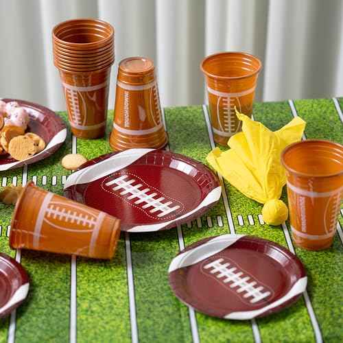 JOYIN 73 PCS Football Party Supplies, 18pcs 9''Plates, 18pcs 7''Plates, 18 Plastic Cups, 18 Napkins, Tablecloth Football Gameday Party Tableware Set for Birthday Party Decorations Serve 18