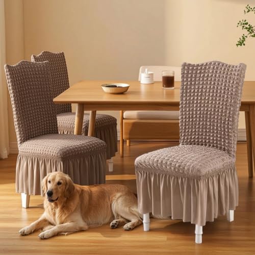 Stretchable Dining Chair Slipcover with Skirt Bubble Texture Khaki