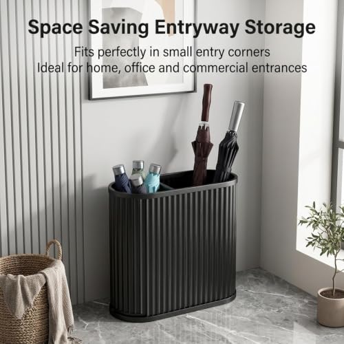 Black Modern Metal Umbrella Bucket Stand with Drain Tray - 14.6 x 7.1 x 20.5in