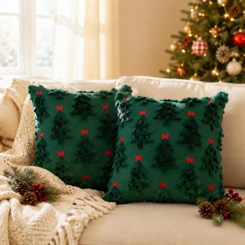 Christmas Tree Pillow Cover 18x18 Inch Faux Fur Jacquard Winter Decor - 1 Piece