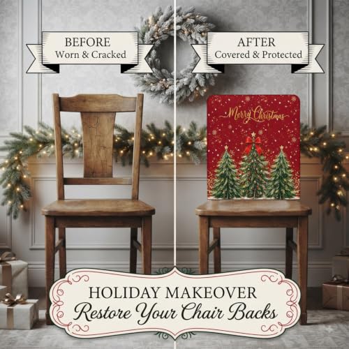Red & Green Christmas Tree Chair Covers Set of 6 - Snowflake Balls Holiday Slipcovers