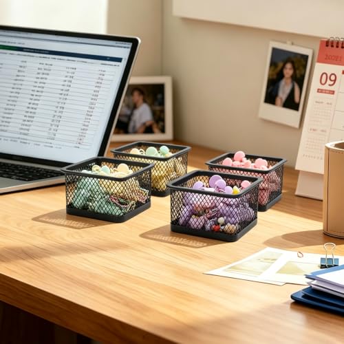Square Metal Mesh Paper Clip Holder Set - Black Desk Organizer, 4 Pack