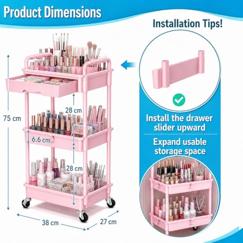 Pink 3-Tier Rolling Makeup Organizer with Removable Drawer and Wheels