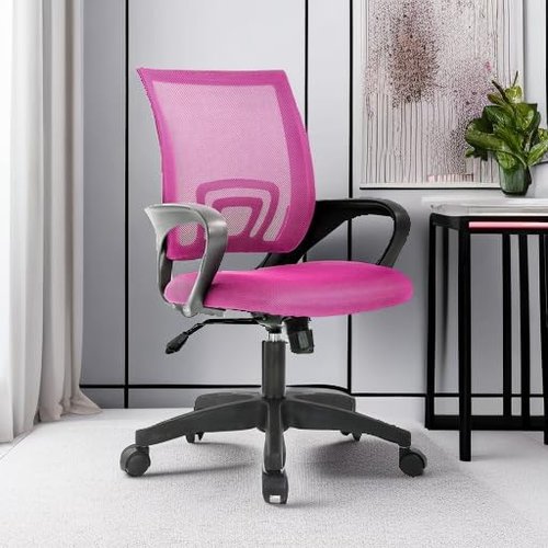 BestOffice Ergonomic Office Chair - Mid-Back Swivel Design with Breathable Backrest & Lumbar Support - Adjustable Height & Rolling Wheels - Pink for Adults & Women