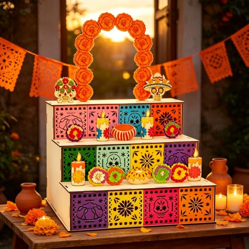 Day of the Dead Wooden Shadow Box Altar - Handmade Colorful DIY Mexican Memorial
