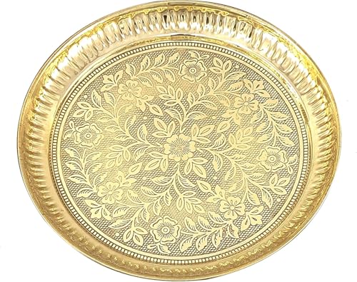 12 Inch Brass Pooja Thali - Handcrafted Indian Worship Plate for Hindu Rituals & Festivals