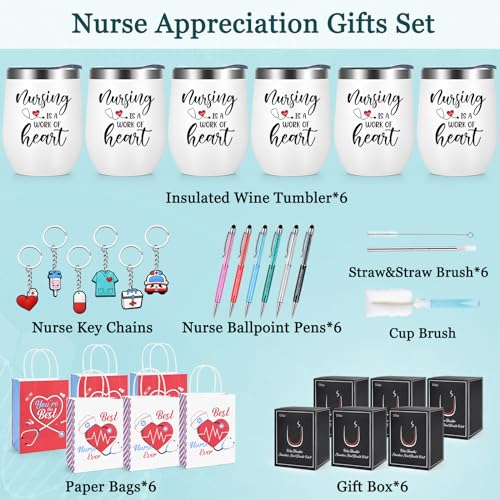 White Insulated Wine Tumbler Set of 6 Nurse Appreciation Gifts with Key Chains