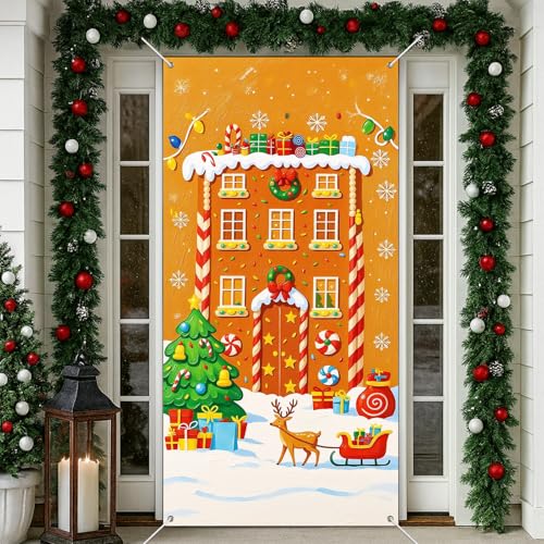 IVN Christmas Reindeer House Door Cover Banner - Classic Gingerbread Design 71 x 35 Inch