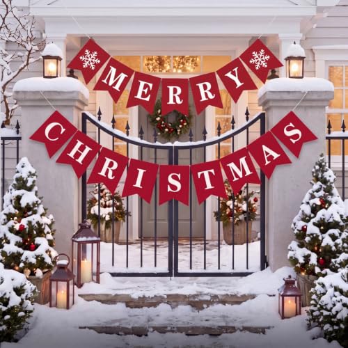 Funrous Merry Christmas Banner Red Xmas Bunting Garland Party Decorations - Red Xmas