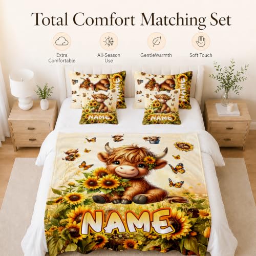 Yellow Highland Cow Personalized Kids Blanket - Custom Girl Throw for Sofa