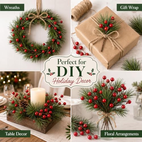 Holly Berry Stems - 96 Artificial Christmas Greenery Picks for Crafts