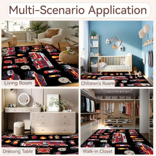 Fire Engine Theme Area Rug for Kids Playroom 4x5ft - Red Firefighter Rescue Carpet