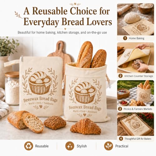 Cream Beige Beeswax Bread Bags Set for Homemade Loaves with Zipper & Buckle - Reusable Cotton Sourdough Storage - XL