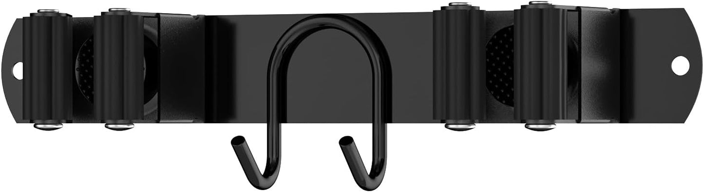 Stainless Steel Broom Holder Wall Mount - 2 Slots & 2 Hooks Organizer for Home, Garage & Garden