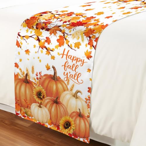 Orange Pumpkin Fall Bed Runner for Cal King Bed 102x20 Inches - Decorative Sofa Throw & Bed Scarf with Maple Leaf Sunflower Design - Variation of 102"x20" Orange, Red, Yellow