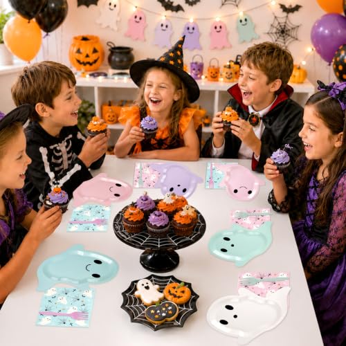 Pastel Ghost Halloween Plates & Napkins Set - Blue & Pink, 72 pcs