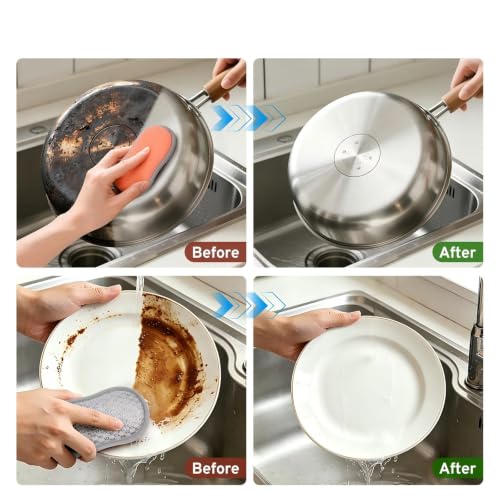 Dual-Sided Kitchen Sponge for Dishwashing and Cleaning - Non Scratch, Reusable, Thick Absorbent