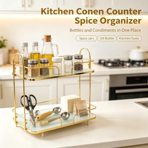 2-Tier Gold Countertop Storage Organizer with Tempered Glass Shelf for Bathroom Kitchen & Bedroom
