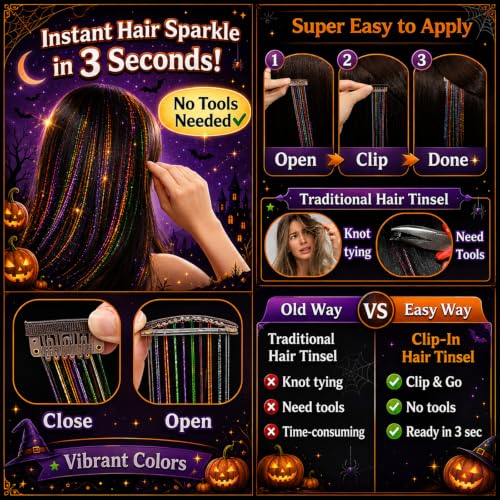 Halloween Black+Orange Colorful Fairy Hair Tinsel Kit Clip-In Hair Extensions