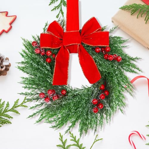 12 Pcs Mini Christmas Wreaths for Kitchen Cabinets with Red Velvet Bows - 12 Inch