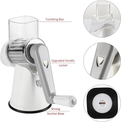 Cambom Rotary Cheese Grater - Hand Crank Shredder for Fresh Cheese, Vegetables & Nuts | Non-Slip Base, White