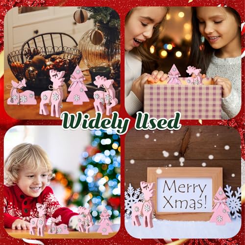Pink Christmas Reindeer & Tree Wooden Tabletop Decorations - Set of 4
