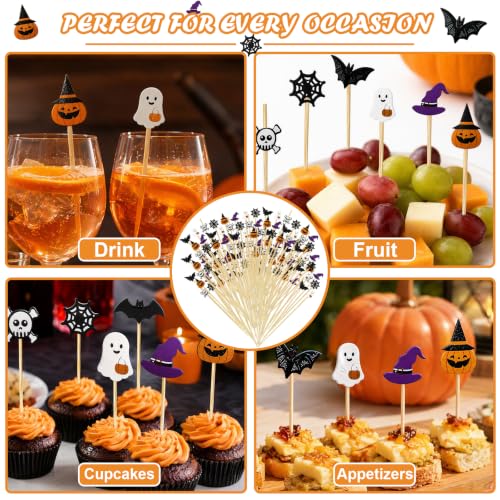 100PCS Halloween Skull Pumpkin Ghost Bat Food Skewers - Bamboo Cocktail Picks