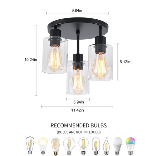 IHENGYANLT 3-Light Industrial Farmhouse Black Matte Light Fixtures Ceiling Mount, with Clear Glass Shades Semi Flush Mount Ceiling Light, for Hallway Fixtures Kitchen, Foyer