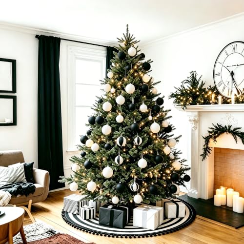 Black and White Christmas Tree Skirt 36 Inch Holiday Decor with Pom-Pom Trim - Halloween & Xmas