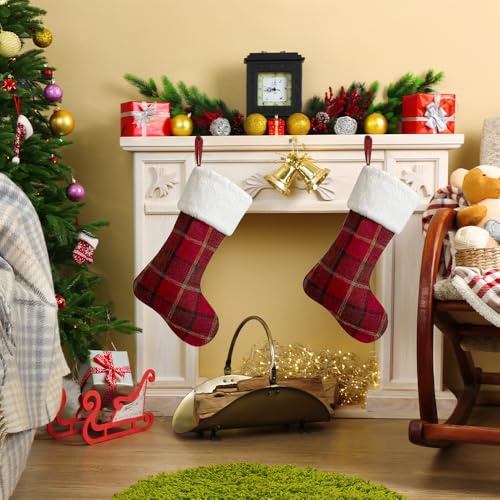 Large Christmas Stockings Plush Velvet Faux Fur Red Plaid Holiday Decor