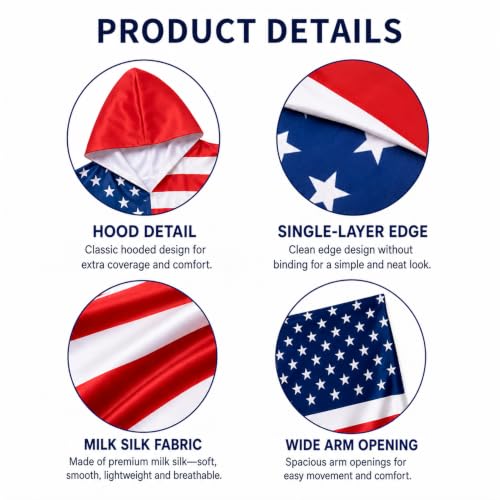 American Flag Hooded Cape Wearable Beach Towel Patriotic Cover Up for Outdoor Events - Variation A