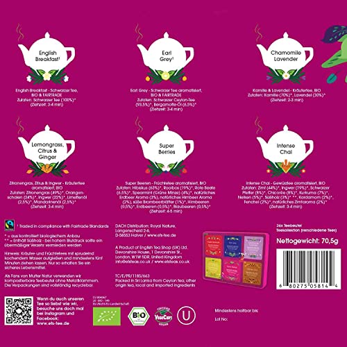 Organic Tea Gift Set - Assorted Flavors in Recyclable Tin, 36 Tea Bags