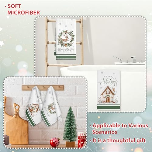 Christmas Kitchen Towels Set of 2 - Green 03, Reindeer & Wreath Design, 16x24 Inch Farmhouse Holiday Decor