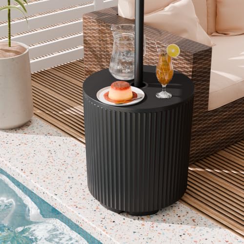 Outdoor Umbrella Stand Table with Hole - Black, Water Fillable Base, Adjustable Clamp
