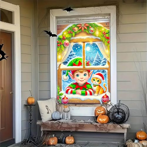 Elf Cat Christmas Window Banner - Fabric 31x47 Inch - Color 3