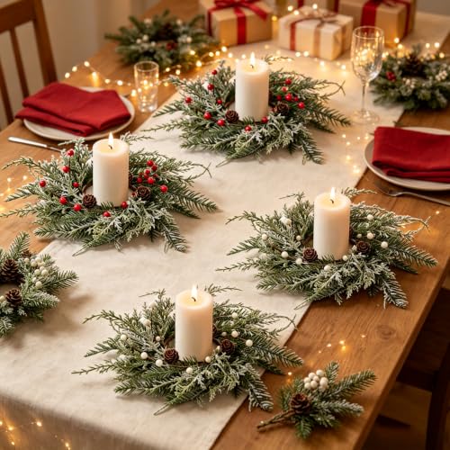 Christmas Berry Candle Wreaths Set of 6 - Faux Cedar Pine Cones Holiday Decor
