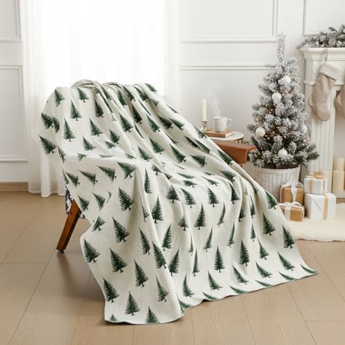 Green Christmas Tree Chenille Throw Blanket 50x60 - Reversible Holiday Decor