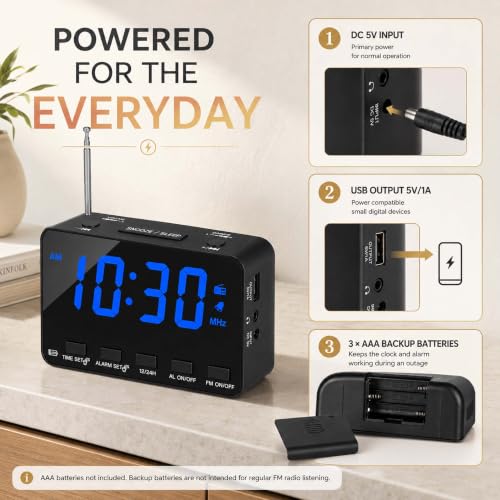 Alarm Clock Radio with FM, USB Charging, Sleep Timer & Snooze