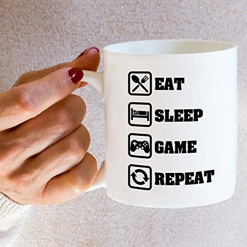 White Ceramic Gamer Mug 11 Oz - Eat Sleep Game Repeat - Funny Coffee Cup