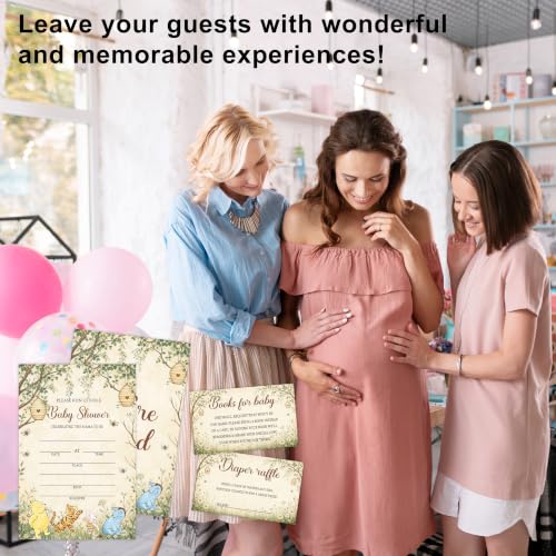 Winnie Baby Shower Invitations Set with Diaper Raffle & Book Request Cards