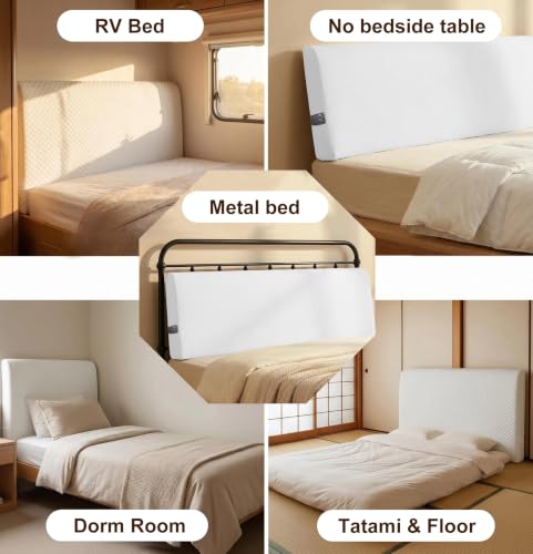 Twin Size Headboard Pillow Support Foam Wedge with Side Pockets & Straps - White